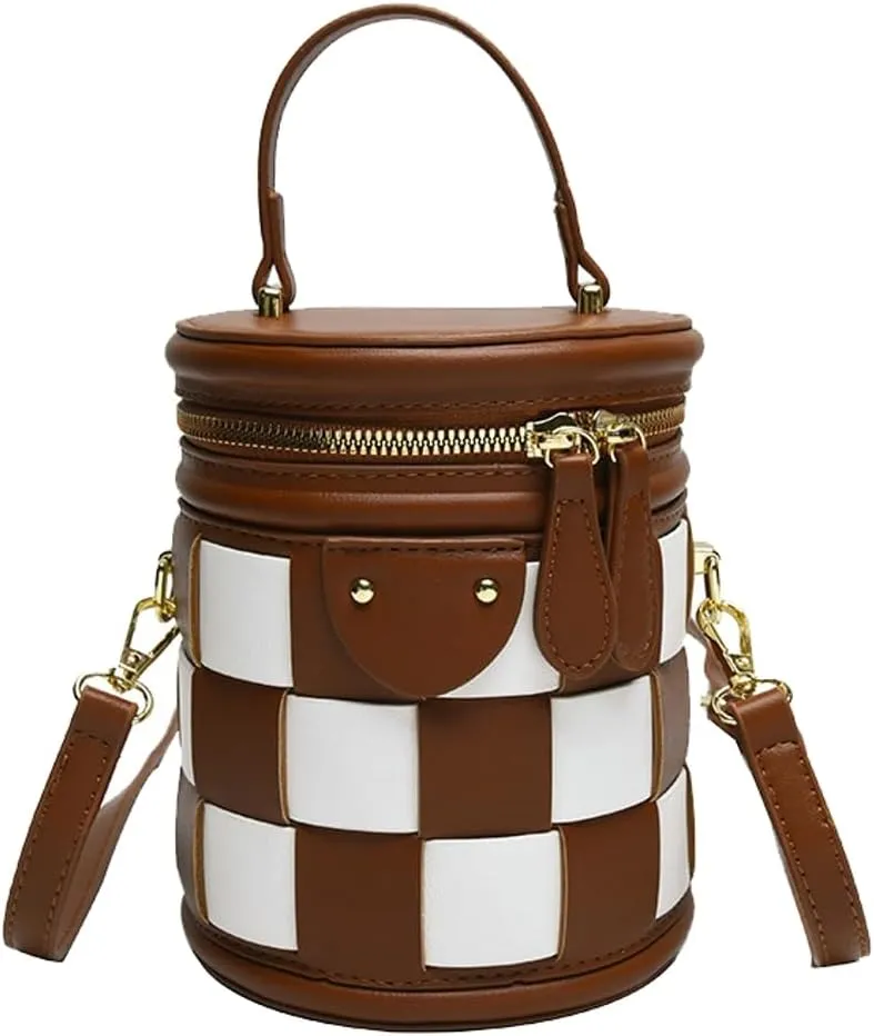 Checkered Bucket Bags Women 2025 Spring Trendy Woven Bucket Purse PU Leather Crossbody Shoulder Bag Tote Handbags