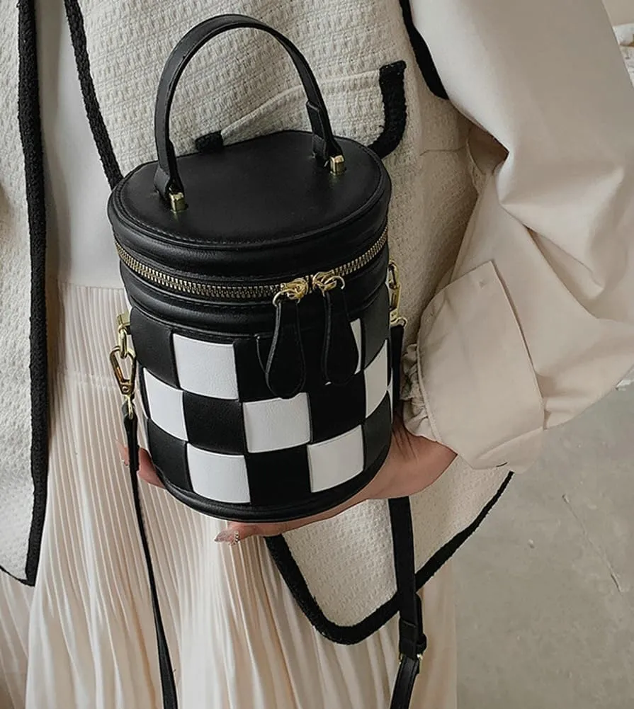 Checkered Bucket Bags Women 2025 Spring Trendy Woven Bucket Purse PU Leather Crossbody Shoulder Bag Tote Handbags