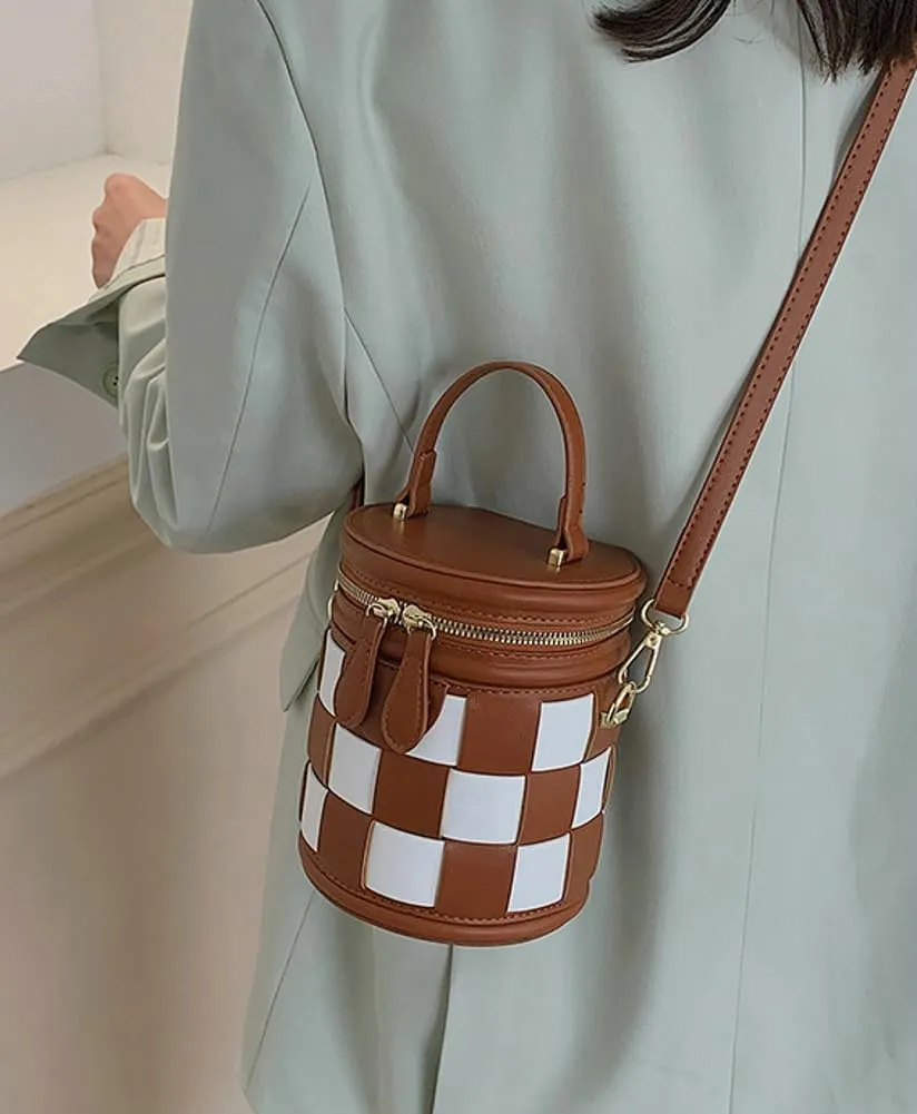 Checkered Bucket Bags Women 2025 Spring Trendy Woven Bucket Purse PU Leather Crossbody Shoulder Bag Tote Handbags