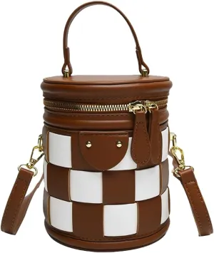 Checkered Bucket Bags Women 2025 Spring Trendy Woven Bucket Purse PU Leather Crossbody Shoulder Bag Tote Handbags
