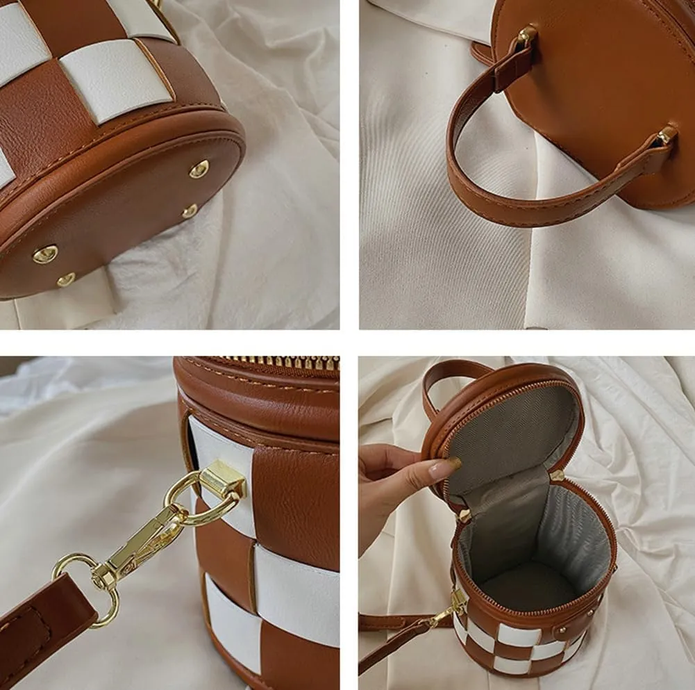 Checkered Bucket Bags Women 2025 Spring Trendy Woven Bucket Purse PU Leather Crossbody Shoulder Bag Tote Handbags