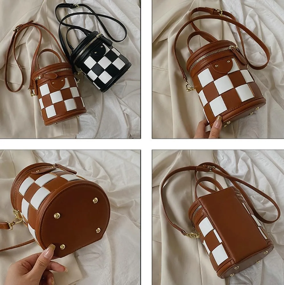 Checkered Bucket Bags Women 2025 Spring Trendy Woven Bucket Purse PU Leather Crossbody Shoulder Bag Tote Handbags