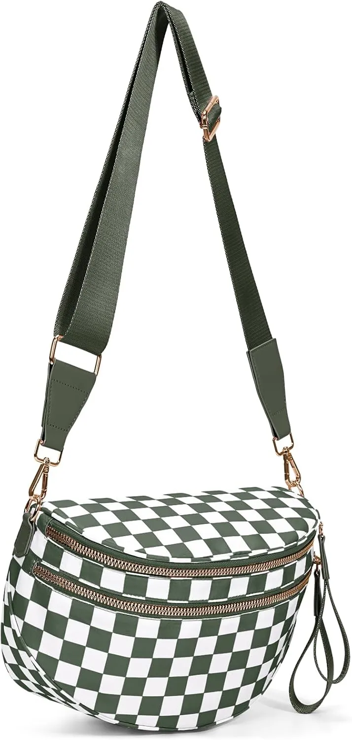 Checkered Crossbody Bag,Bum Bag for Women Nylon Crossbody Handbags Checkered Purse Oversized Slouchy Belt Bags