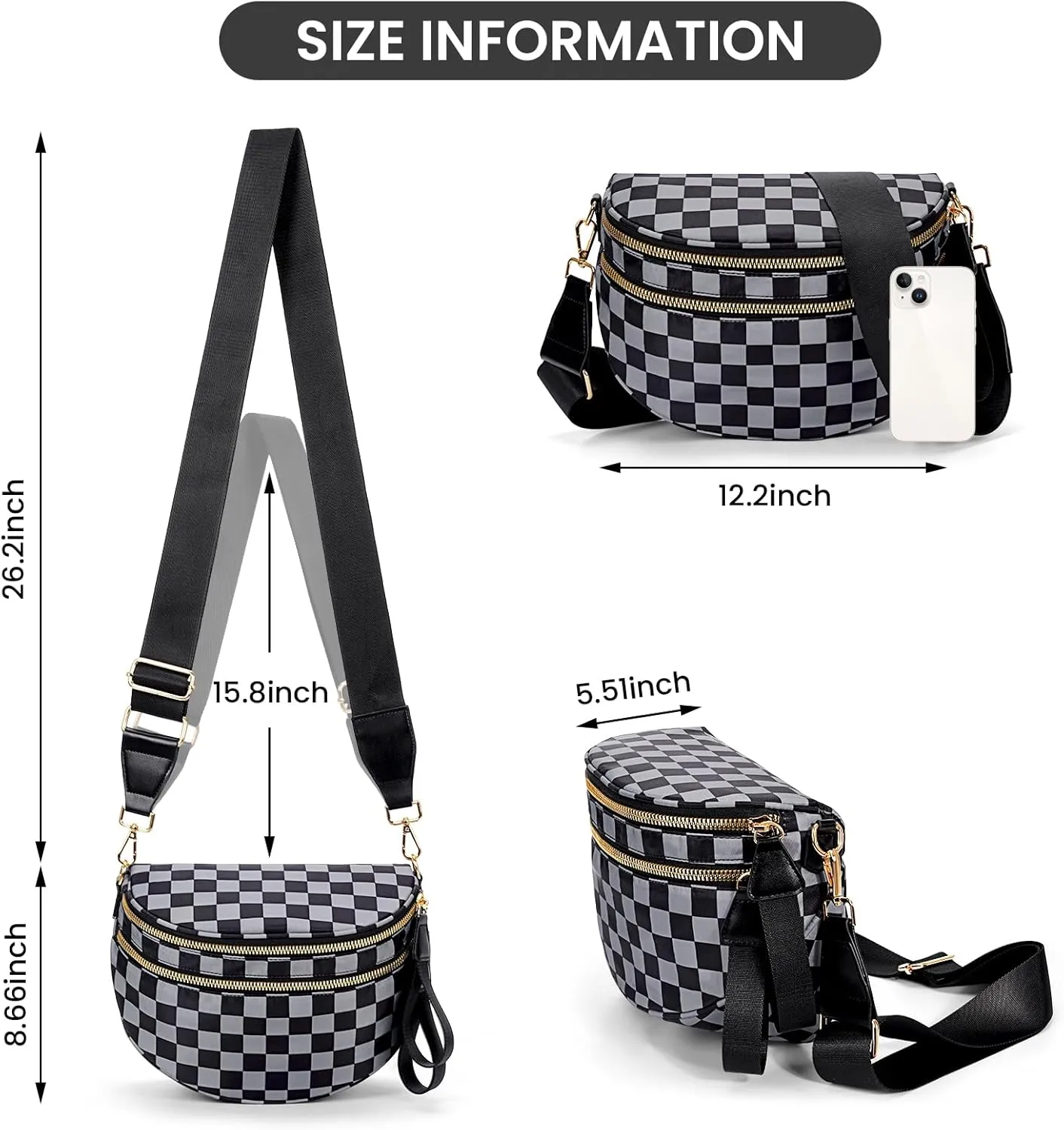 Checkered Crossbody Bag,Bum Bag for Women Nylon Crossbody Handbags Checkered Purse Oversized Slouchy Belt Bags