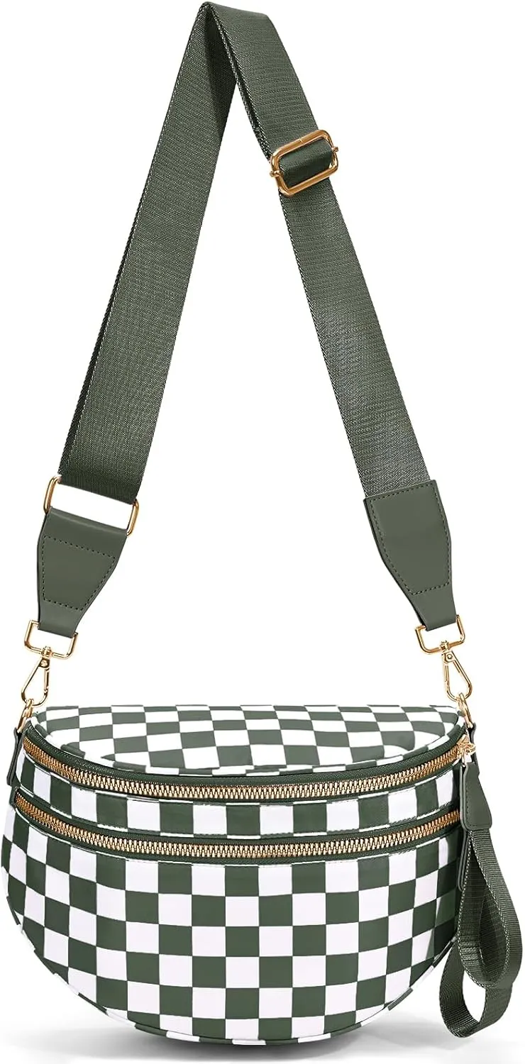 Checkered Crossbody Bag,Bum Bag for Women Nylon Crossbody Handbags Checkered Purse Oversized Slouchy Belt Bags