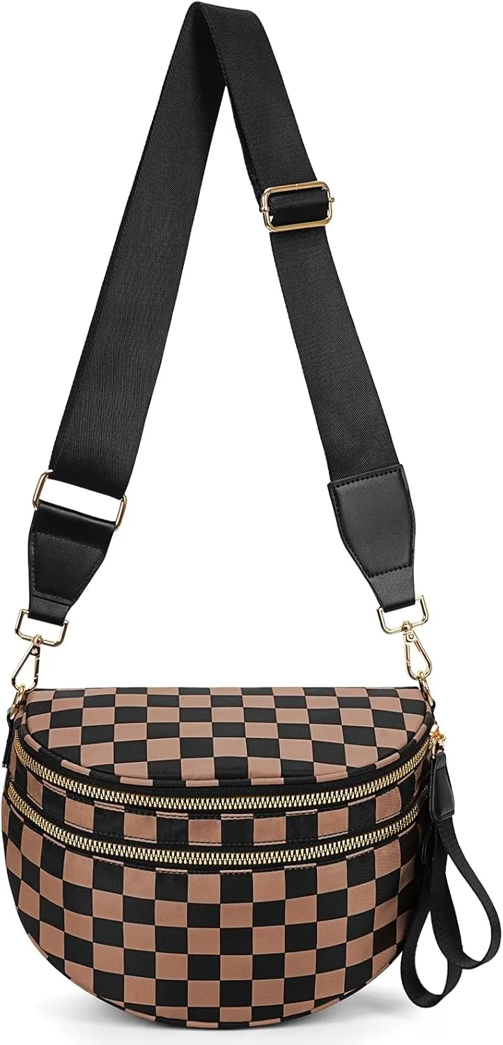 Checkered Crossbody Bag,Bum Bag for Women Nylon Crossbody Handbags Checkered Purse Oversized Slouchy Belt Bags
