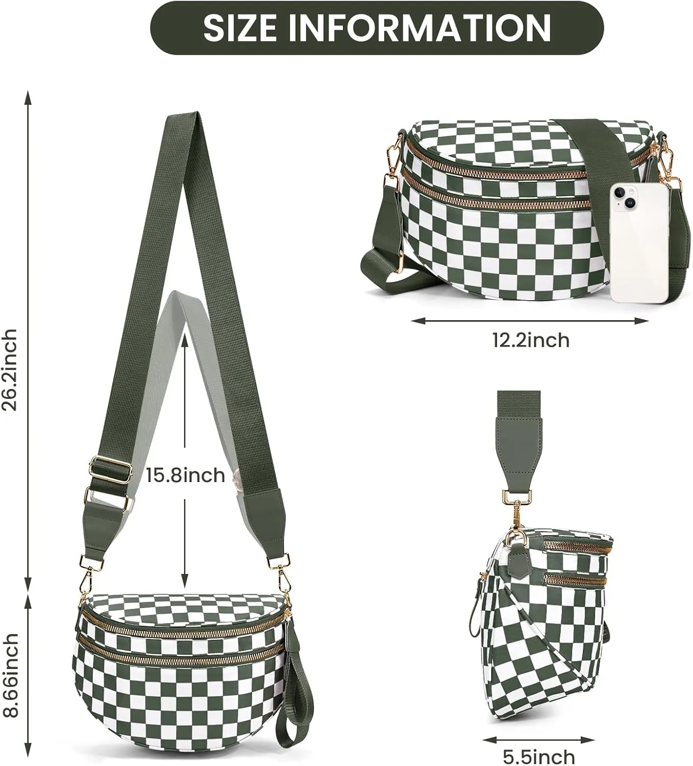 Checkered Crossbody Bag,Bum Bag for Women Nylon Crossbody Handbags Checkered Purse Oversized Slouchy Belt Bags