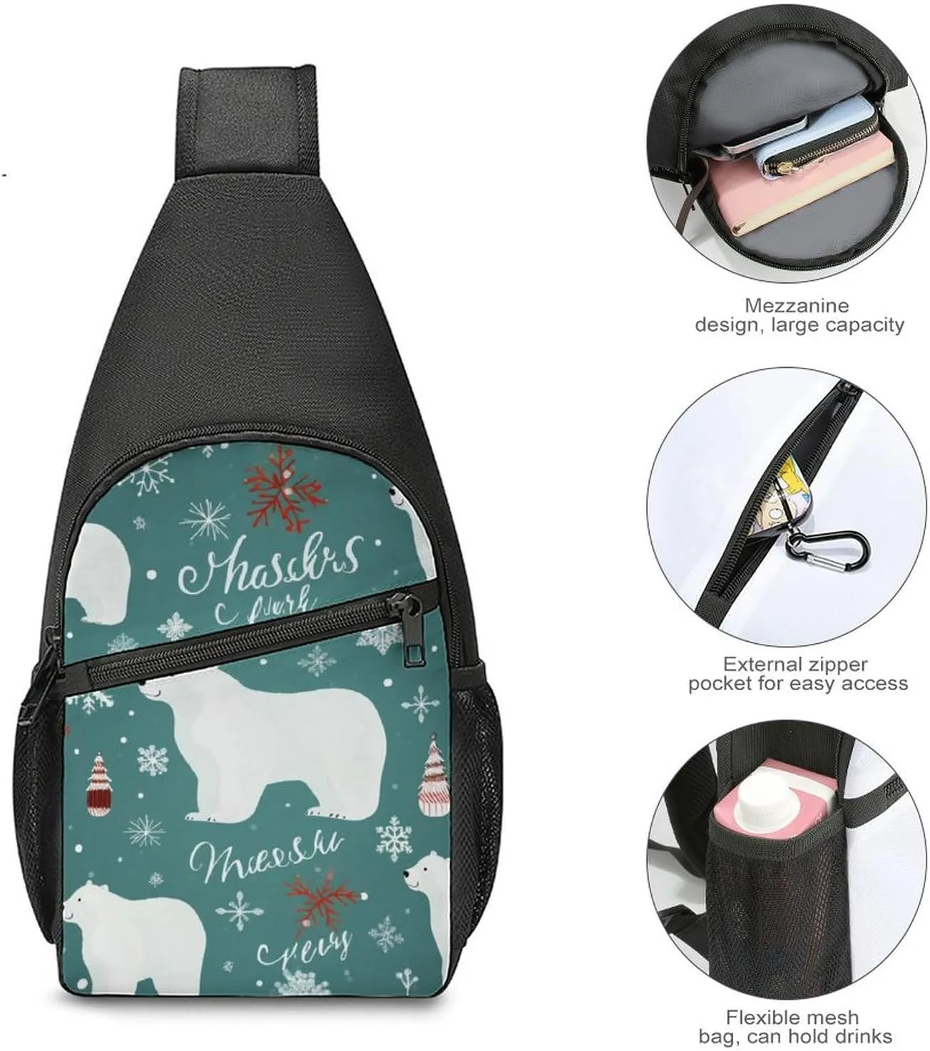 Chest Bag Sling Bag for Men Women Christmas Polar Bear Sport Sling Backpack Lightweight Shoulder Bag for Travel