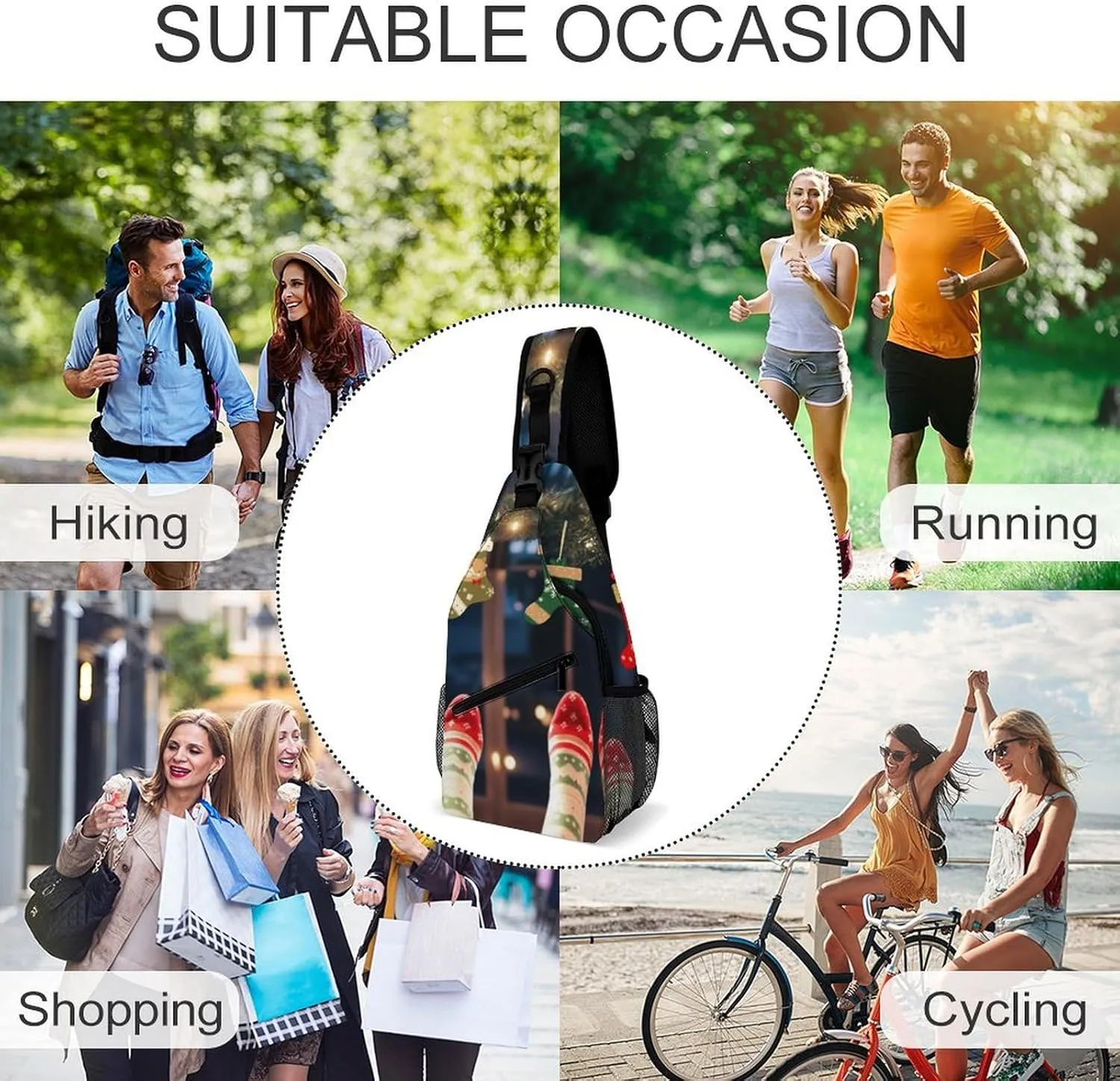 Chest Bag Sling Bag for Men Women Christmas Socks Xmas Party Sport Sling Backpack Lightweight Shoulder Bag for Travel, 38x20cm