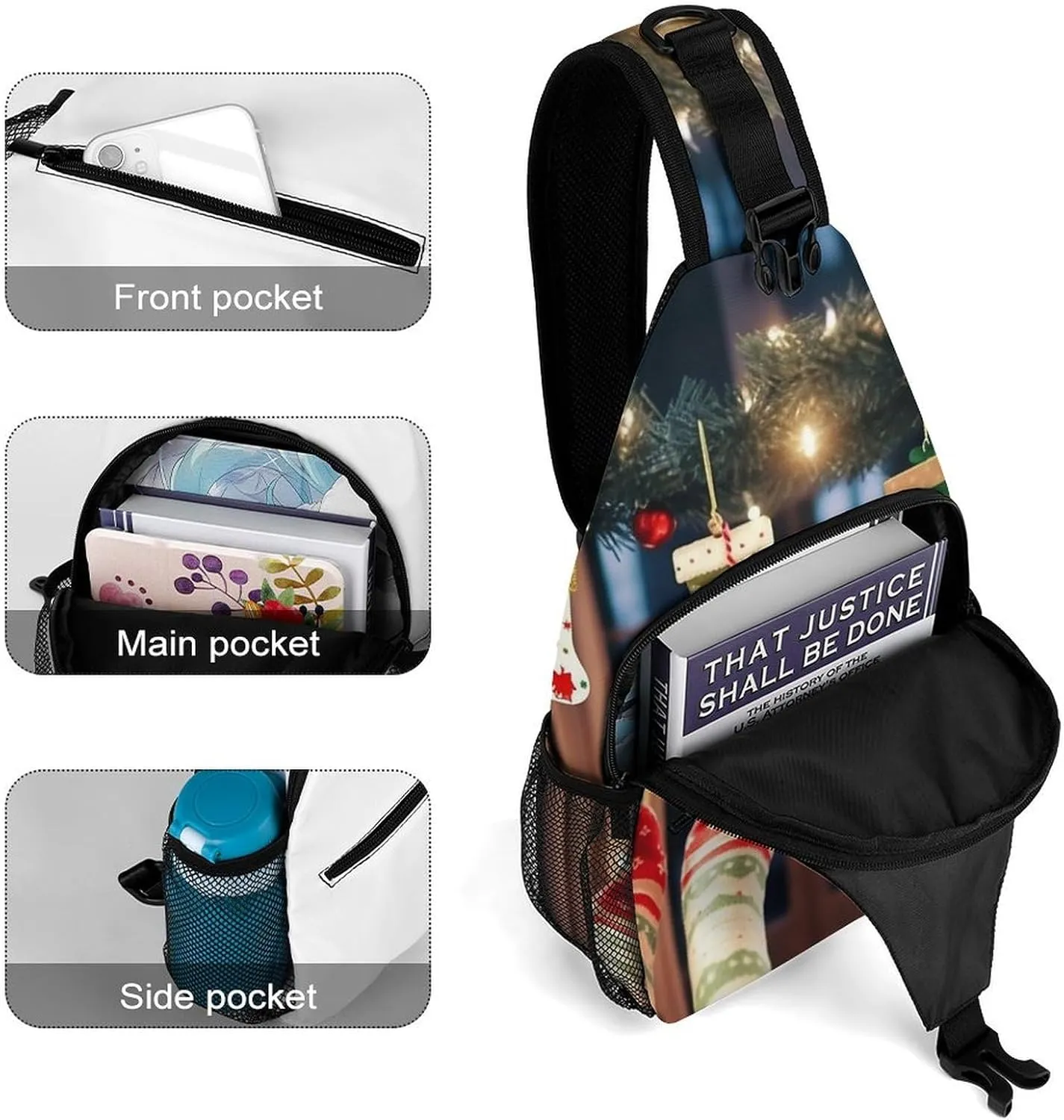 Chest Bag Sling Bag for Men Women Christmas Socks Xmas Party Sport Sling Backpack Lightweight Shoulder Bag for Travel, 38x20cm