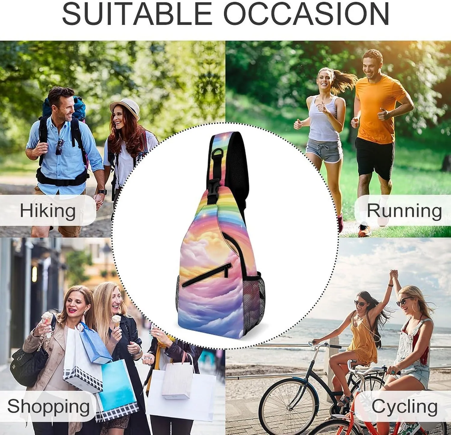 Chest Bag Sling Bag for Men Women Colorful Rainbow Sport Sling Backpack Lightweight Shoulder Bag for Travel, 38x20cm