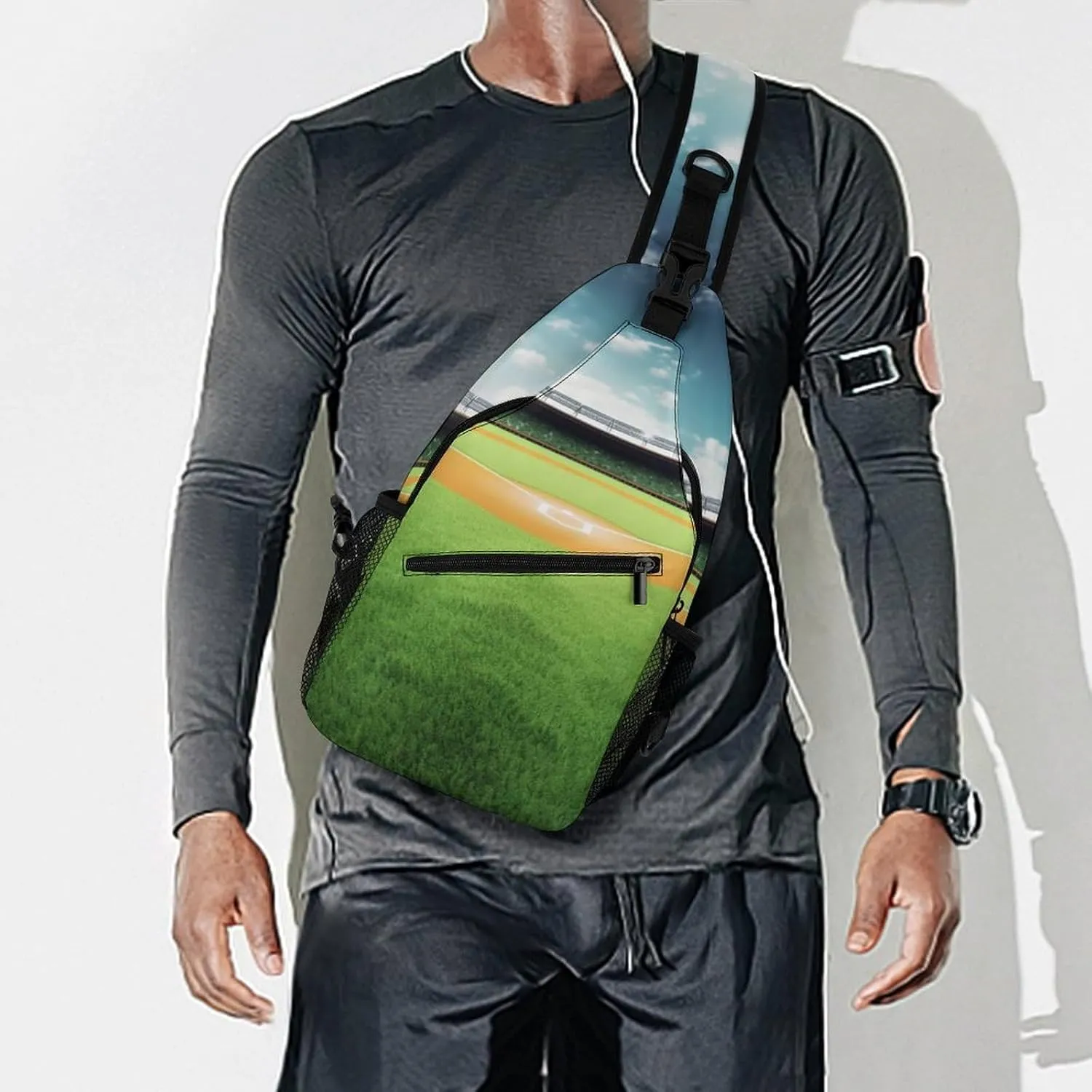 Chest Bag Sling Bag for Men Women Green Baseball Field Backdrop Sport Sling Backpack Lightweight Shoulder Bag for Travel