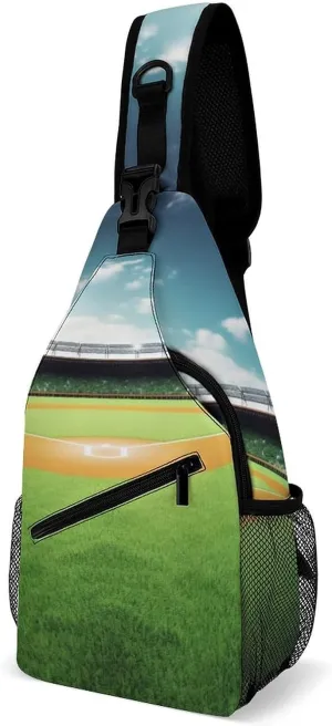 Chest Bag Sling Bag for Men Women Green Baseball Field Backdrop Sport Sling Backpack Lightweight Shoulder Bag for Travel