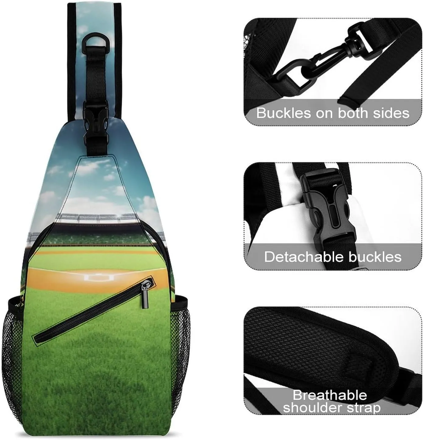 Chest Bag Sling Bag for Men Women Green Baseball Field Backdrop Sport Sling Backpack Lightweight Shoulder Bag for Travel