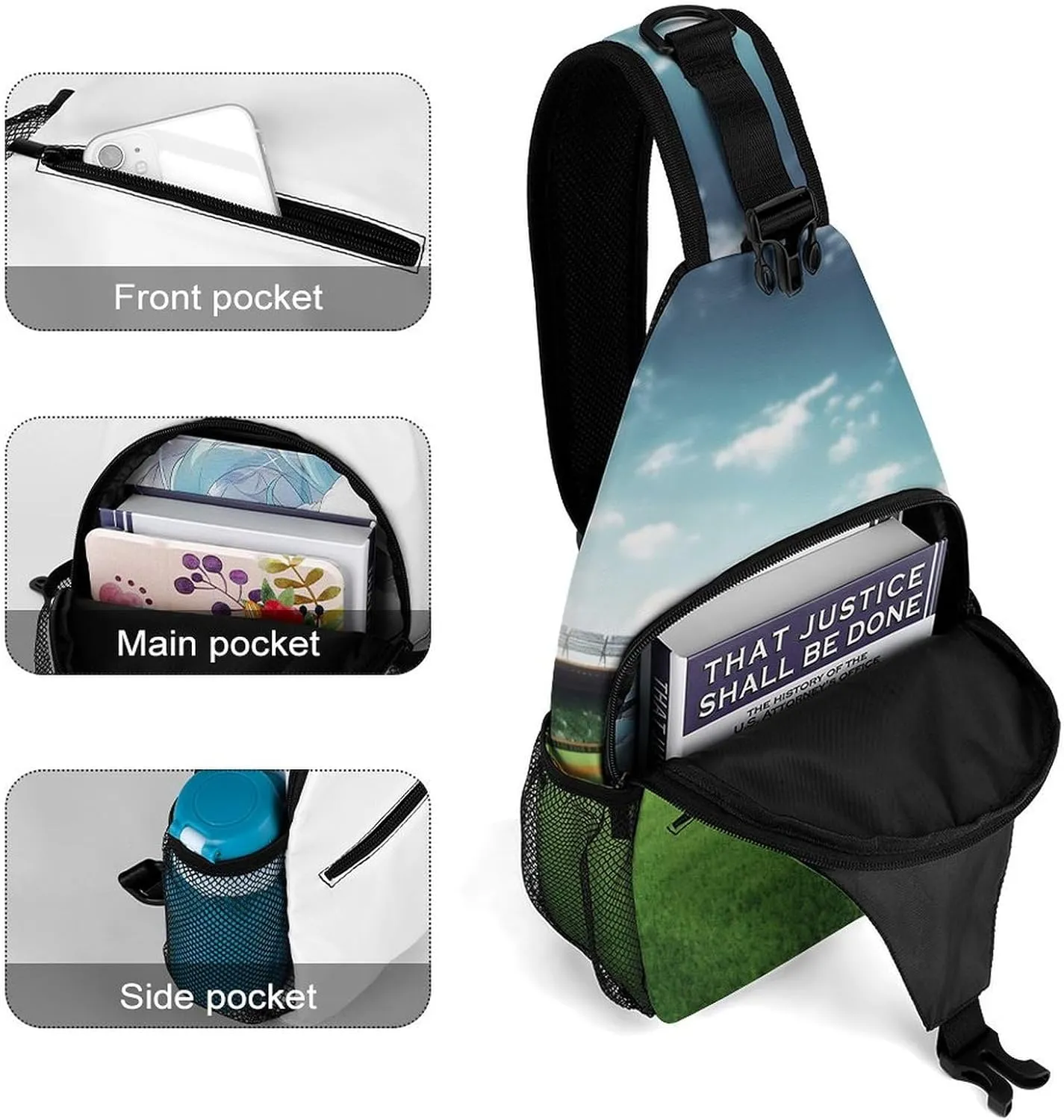 Chest Bag Sling Bag for Men Women Green Baseball Field Backdrop Sport Sling Backpack Lightweight Shoulder Bag for Travel