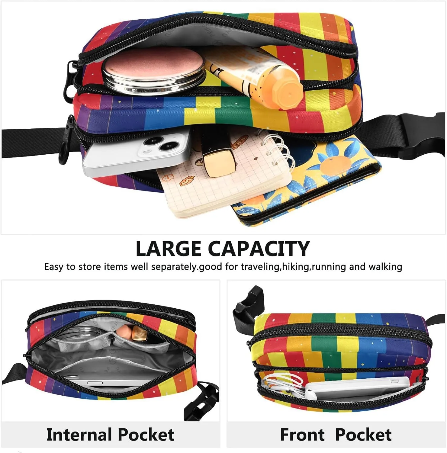 Chest Belt Bum Bag for Men Women Pride Month A Colorful Stripe Fanny Pack Crossbody Sling Bags Large Capacity Travel Passport Wallet for Cycling Hiking Gym