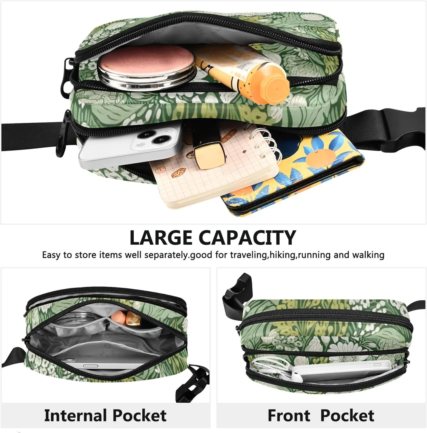 Chic Floral Greenery Print Fanny Packs for Women Waterproof Belt Bags Hip Pack Designer Cross Body Waist Pack