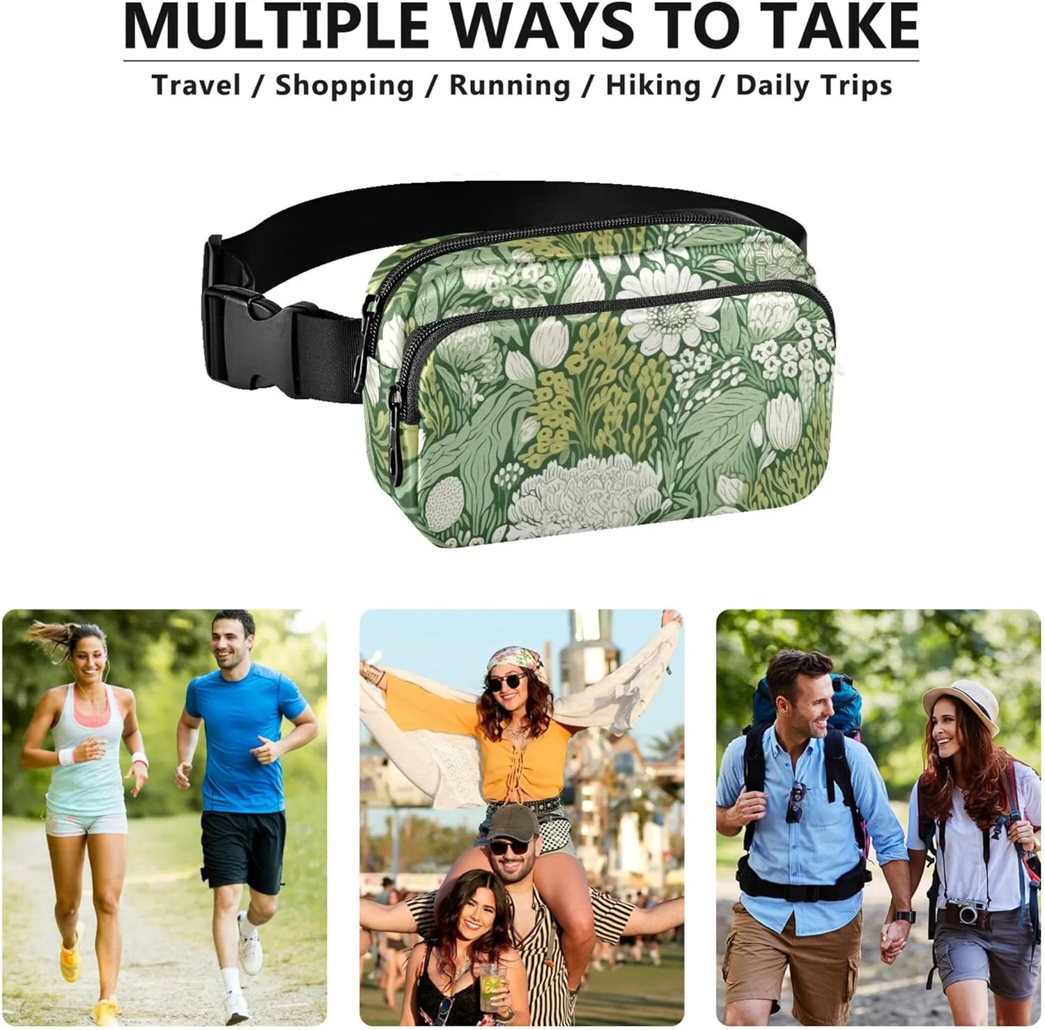 Chic Floral Greenery Print Fanny Packs for Women Waterproof Belt Bags Hip Pack Designer Cross Body Waist Pack