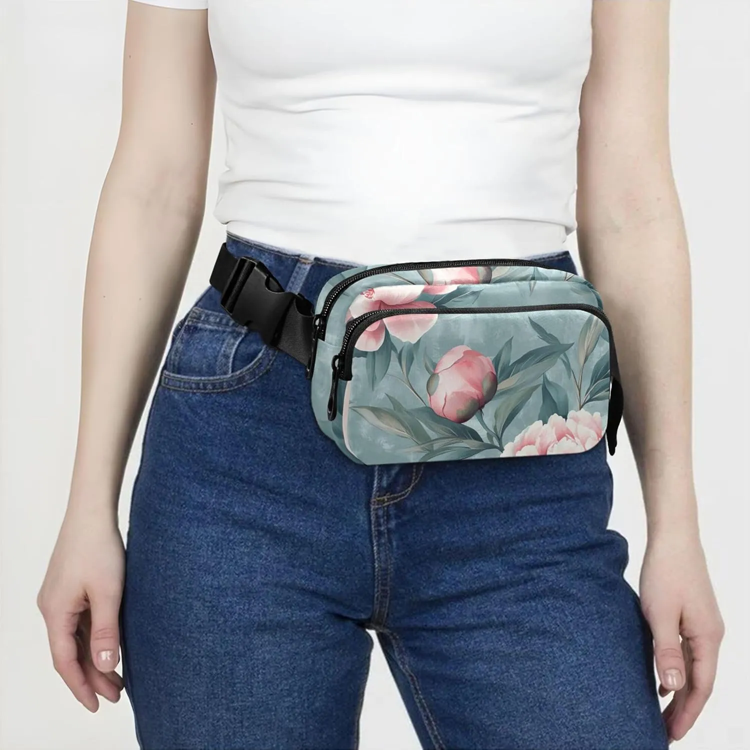 Chic Peony Floral Pink Fanny Packs for Women Large Hip Belt Bag Waterproof Neon Crossbody Waist Purse
