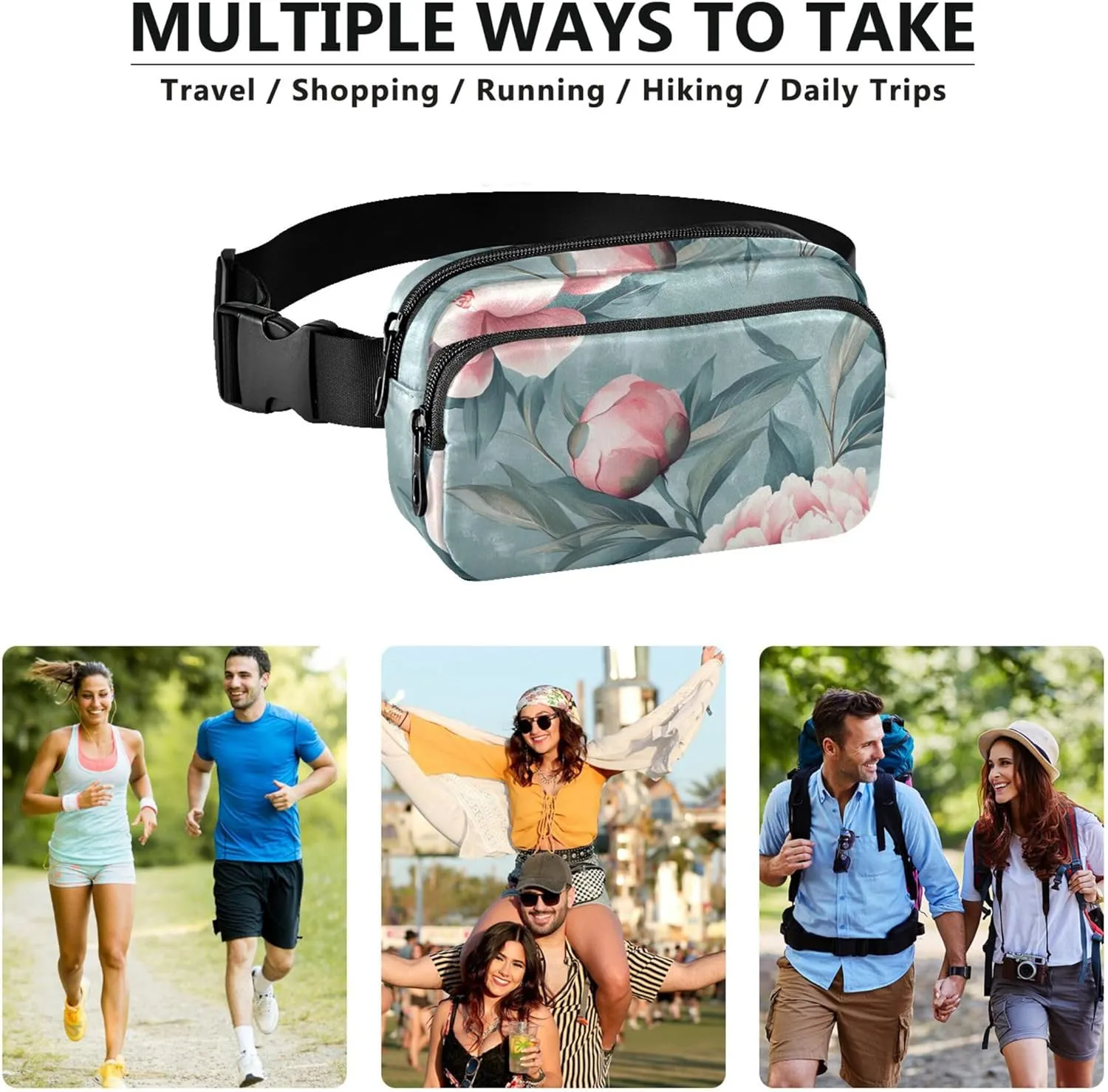 Chic Peony Floral Pink Fanny Packs for Women Large Hip Belt Bag Waterproof Neon Crossbody Waist Purse
