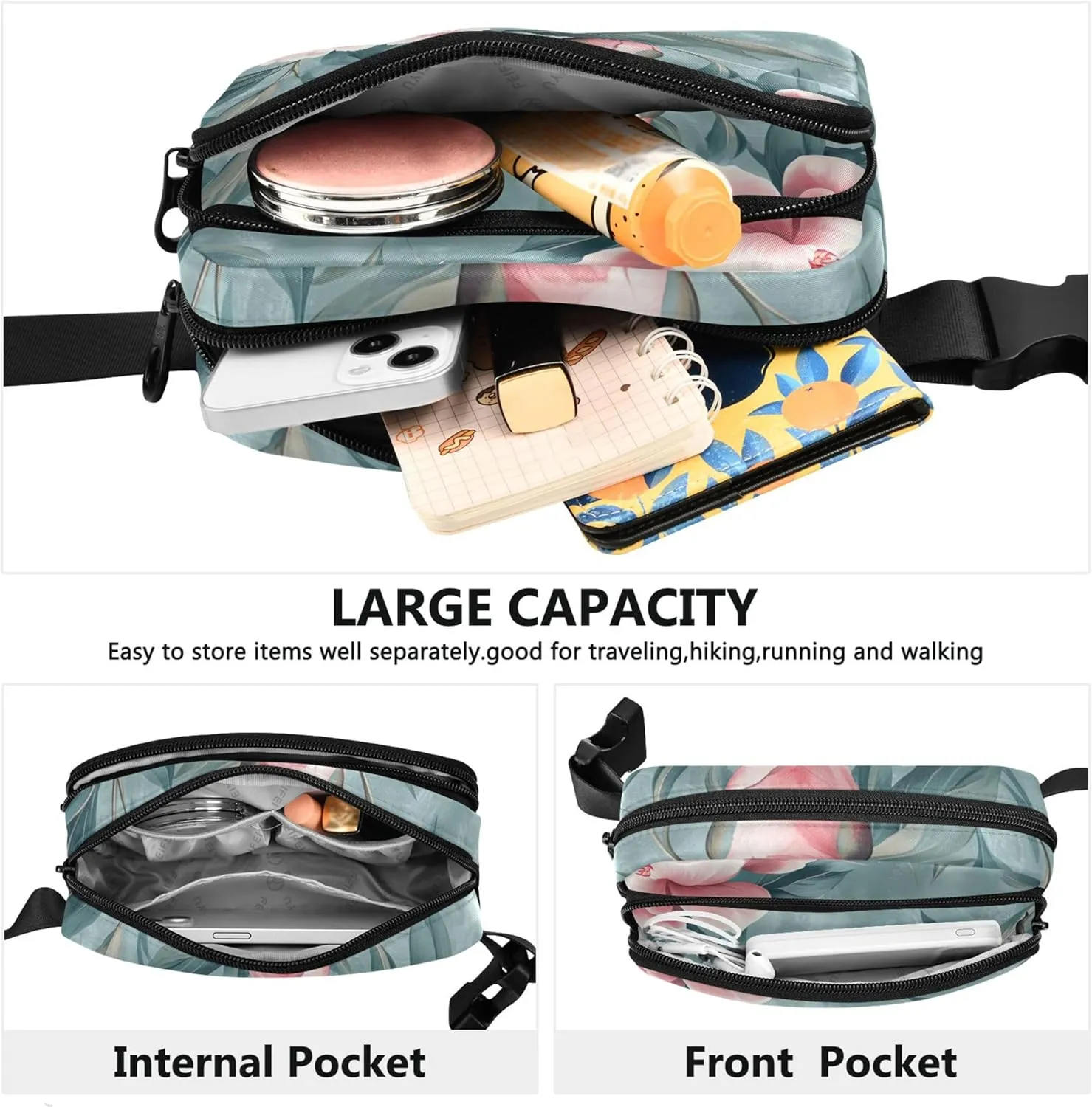 Chic Peony Floral Pink Fanny Packs for Women Large Hip Belt Bag Waterproof Neon Crossbody Waist Purse