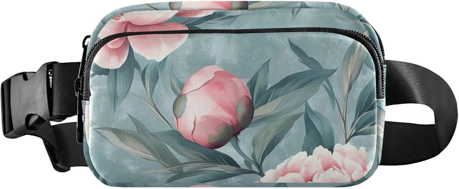 Chic Peony Floral Pink Fanny Packs for Women Large Hip Belt Bag Waterproof Neon Crossbody Waist Purse