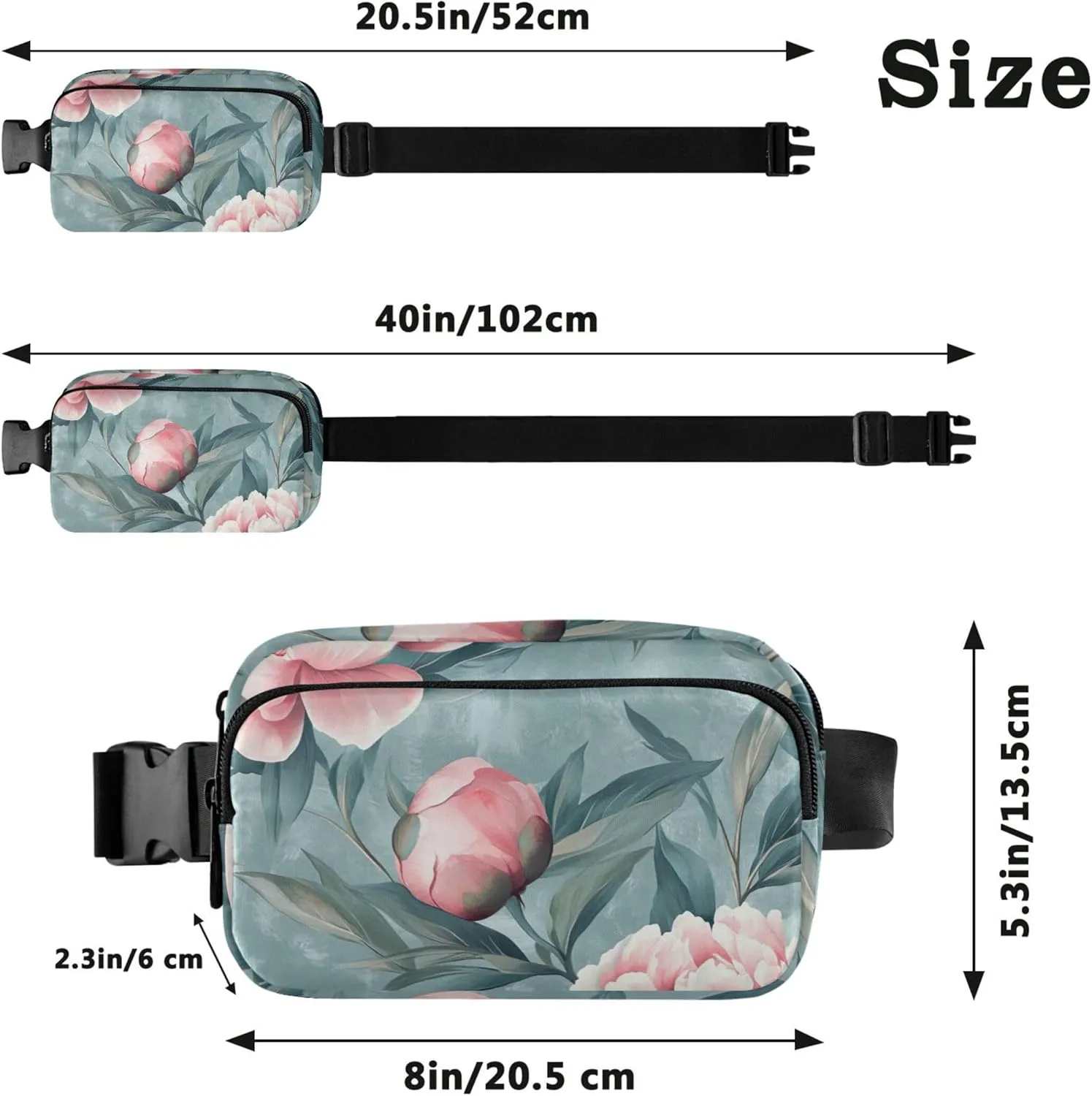 Chic Peony Floral Pink Fanny Packs for Women Large Hip Belt Bag Waterproof Neon Crossbody Waist Purse