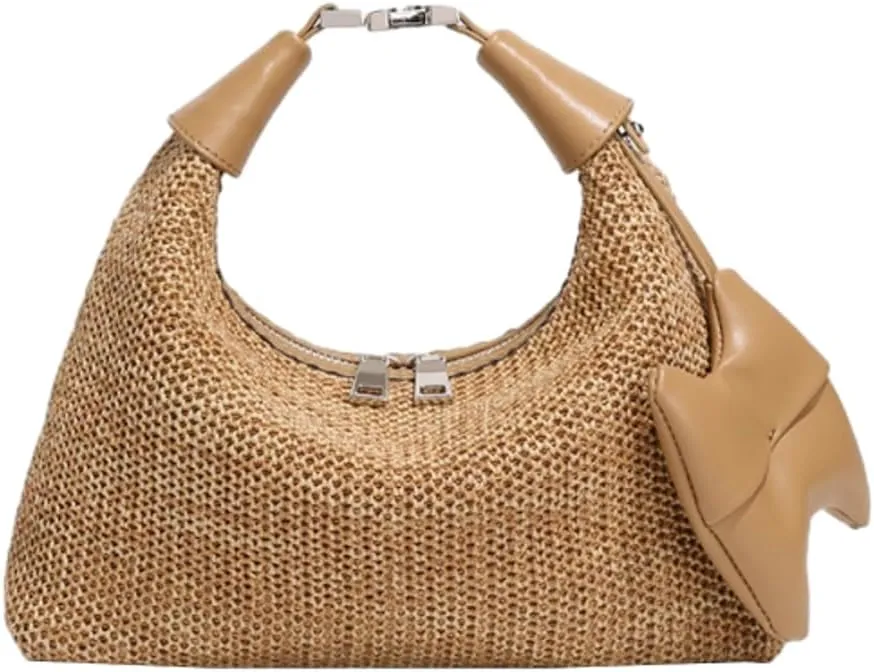 Chic Raffia Bag Crescent Bag Straw Bags for Women Versatile Hobo Vacation Handbags Straw Tote with Zipper Summer Beach Purse