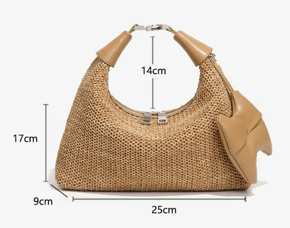 Chic Raffia Bag Crescent Bag Straw Bags for Women Versatile Hobo Vacation Handbags Straw Tote with Zipper Summer Beach Purse