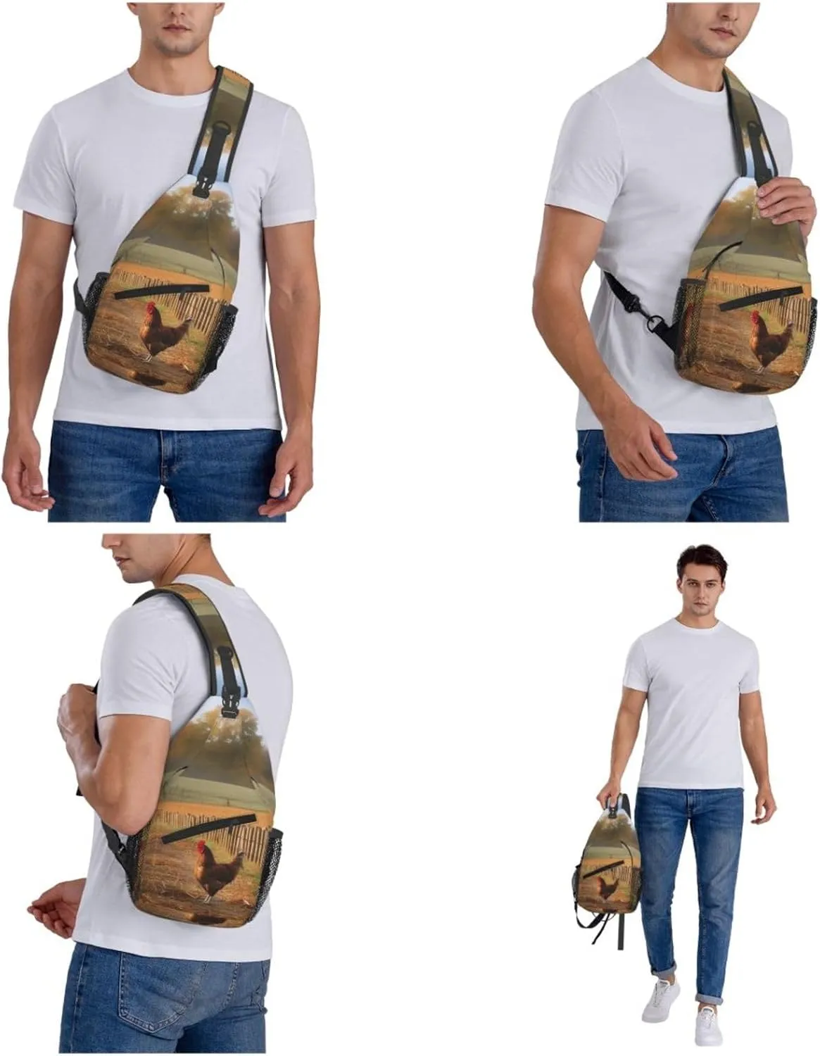 Chicken Wood Stake Farmland Sling Bag Backpack For Men Cross Chest Bag Crossbody Shoulder Bag Travel Hiking Daypack