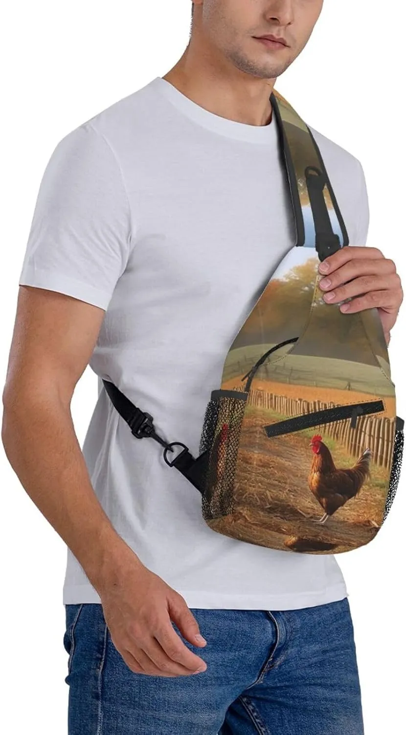 Chicken Wood Stake Farmland Sling Bag Backpack For Men Cross Chest Bag Crossbody Shoulder Bag Travel Hiking Daypack