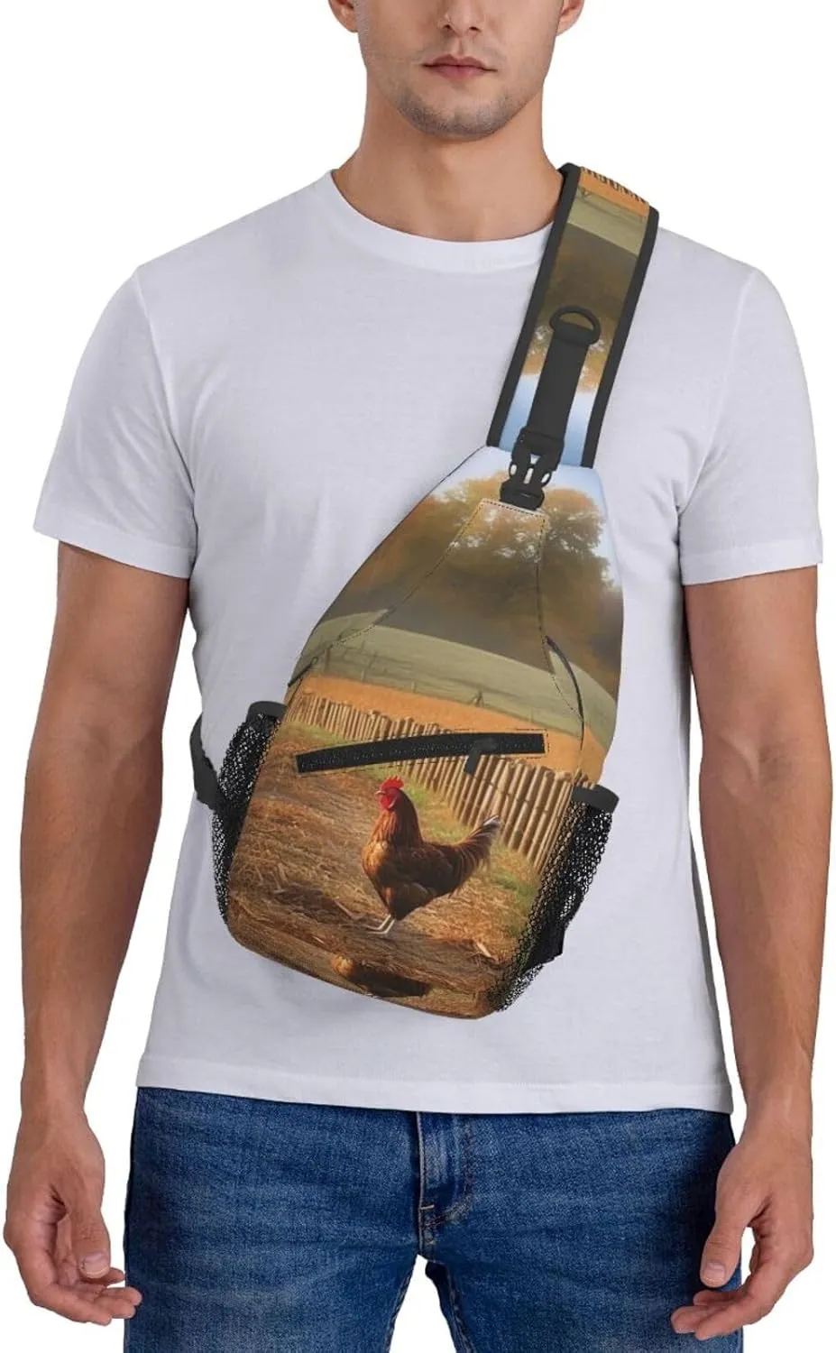 Chicken Wood Stake Farmland Sling Bag Backpack For Men Cross Chest Bag Crossbody Shoulder Bag Travel Hiking Daypack