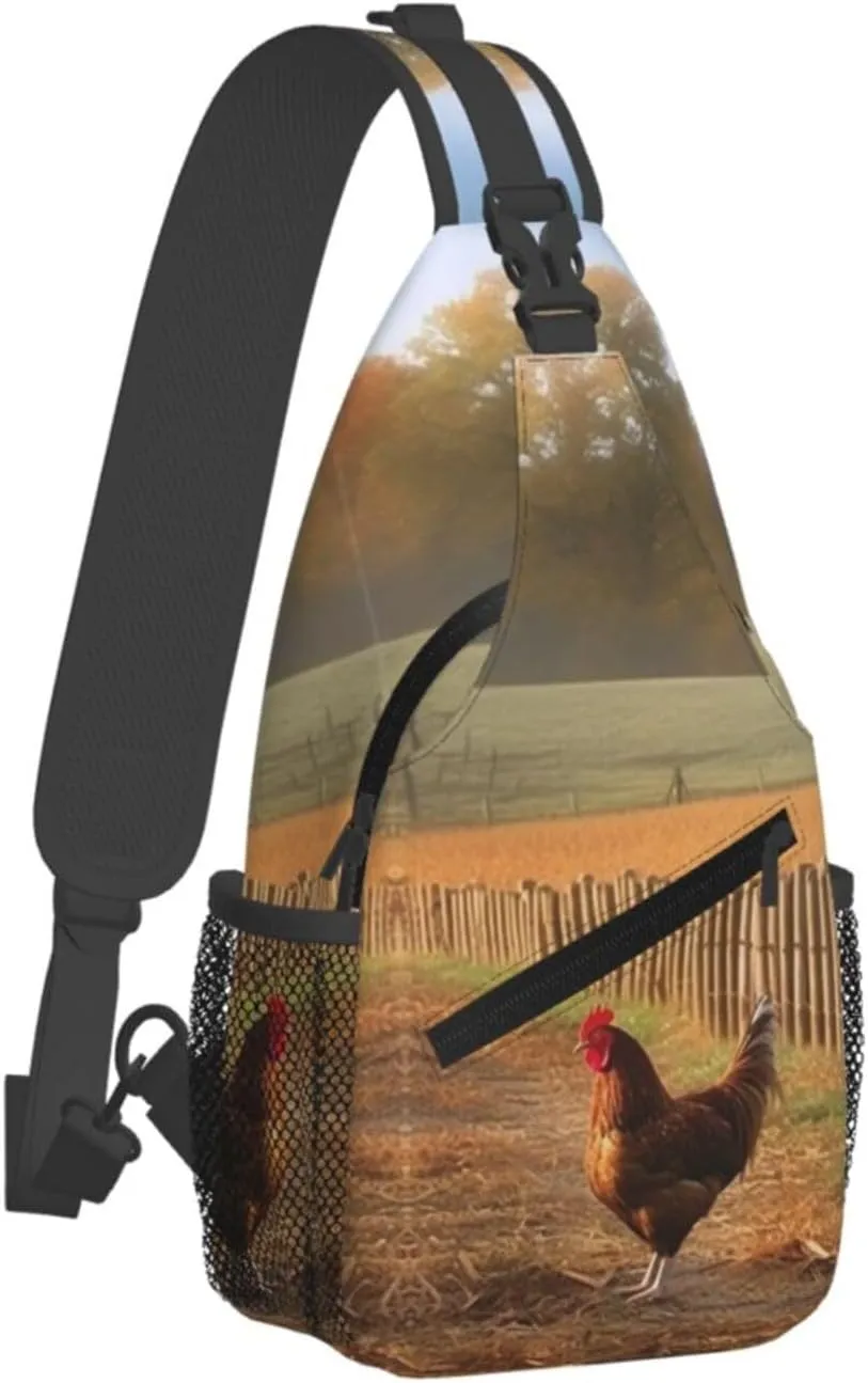 Chicken Wood Stake Farmland Sling Bag Backpack For Men Cross Chest Bag Crossbody Shoulder Bag Travel Hiking Daypack