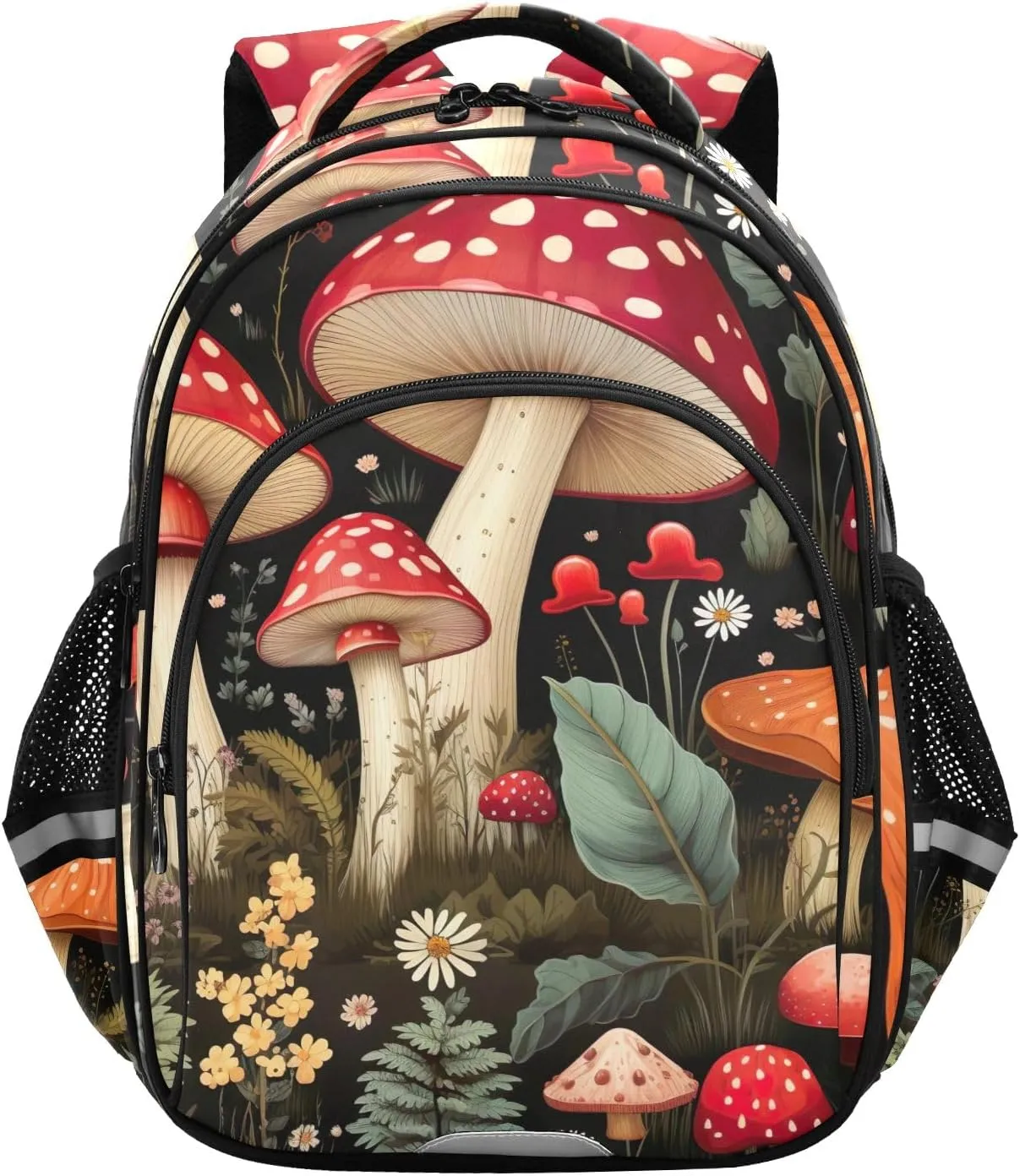 CHIFIGNO Vintage Mushrooms and Flowers Backpack for School Bookbag for Boys Girls with Reflective Stripes Child Backpack School Bags