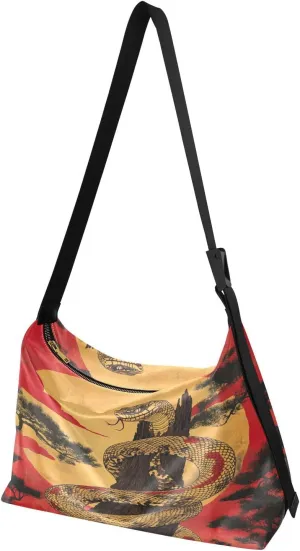 Chinese Snake Red Pine Hobo Shoulder Bag for Women Men PU Leather Crossbody Bag Slouchy Tote Handbags for Work Travel
