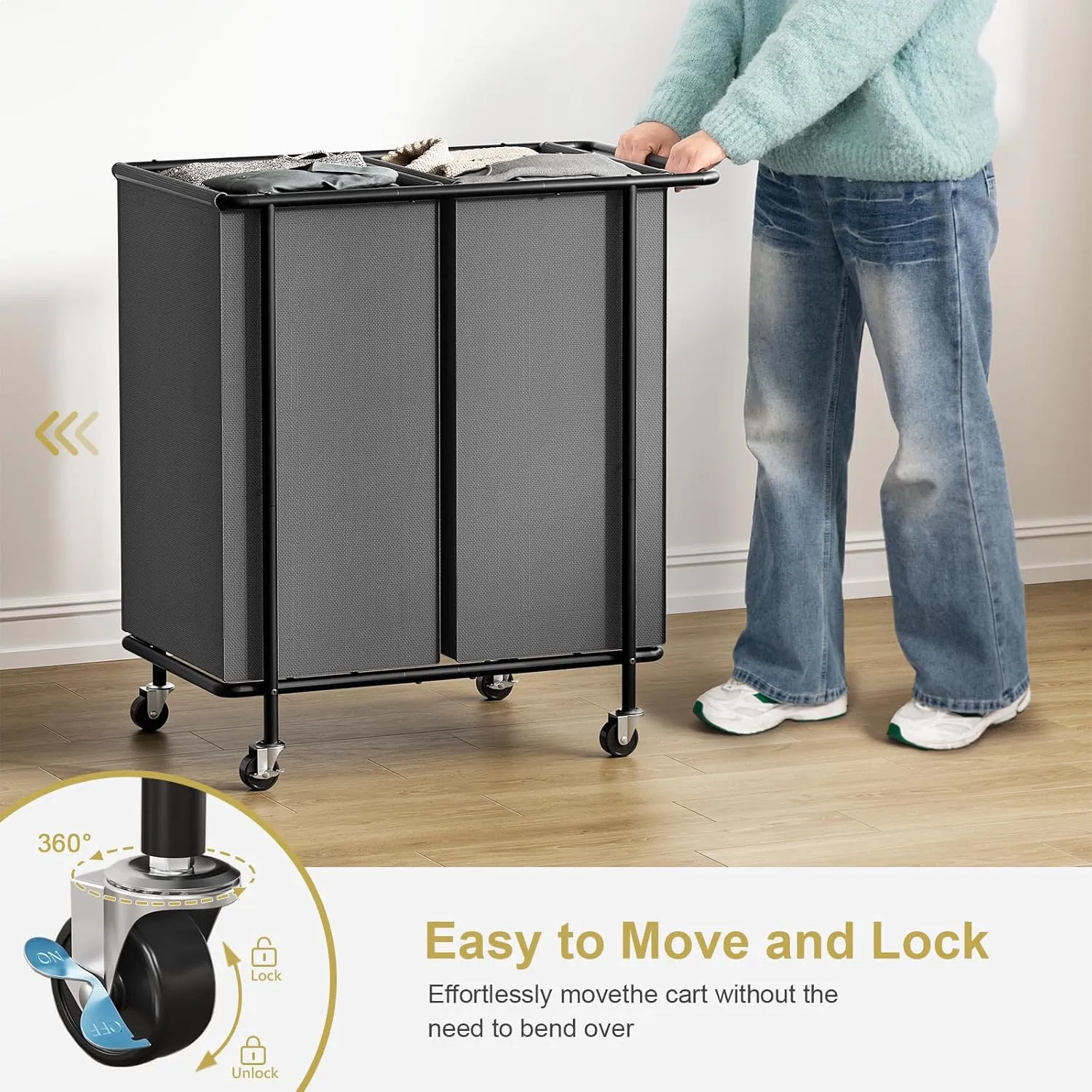 Chrislley Double Laundry Hamper with Wheels,200L Rolling Laundry Basket 2 Section with Lid,Steel Frame Laundry Cart with Handle and Removable Bags,Dirty Clothes Hamper for Laundry Room,Dorm,Grey
