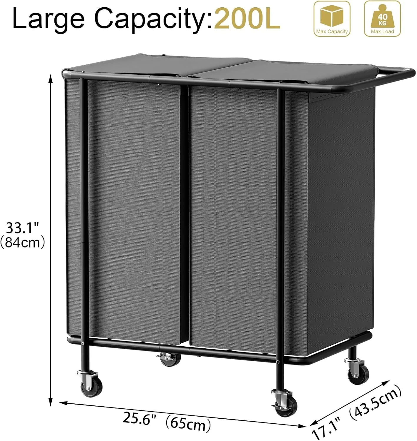 Chrislley Double Laundry Hamper with Wheels,200L Rolling Laundry Basket 2 Section with Lid,Steel Frame Laundry Cart with Handle and Removable Bags,Dirty Clothes Hamper for Laundry Room,Dorm,Grey