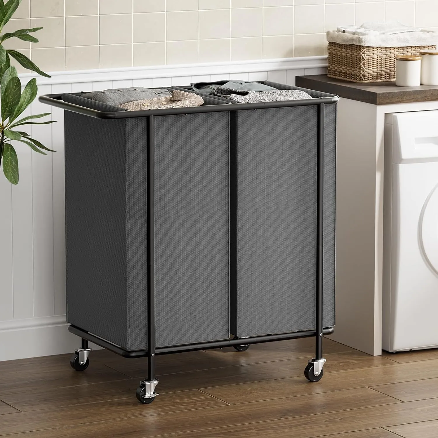 Chrislley Double Laundry Hamper with Wheels,200L Rolling Laundry Basket 2 Section with Lid,Steel Frame Laundry Cart with Handle and Removable Bags,Dirty Clothes Hamper for Laundry Room,Dorm,Grey