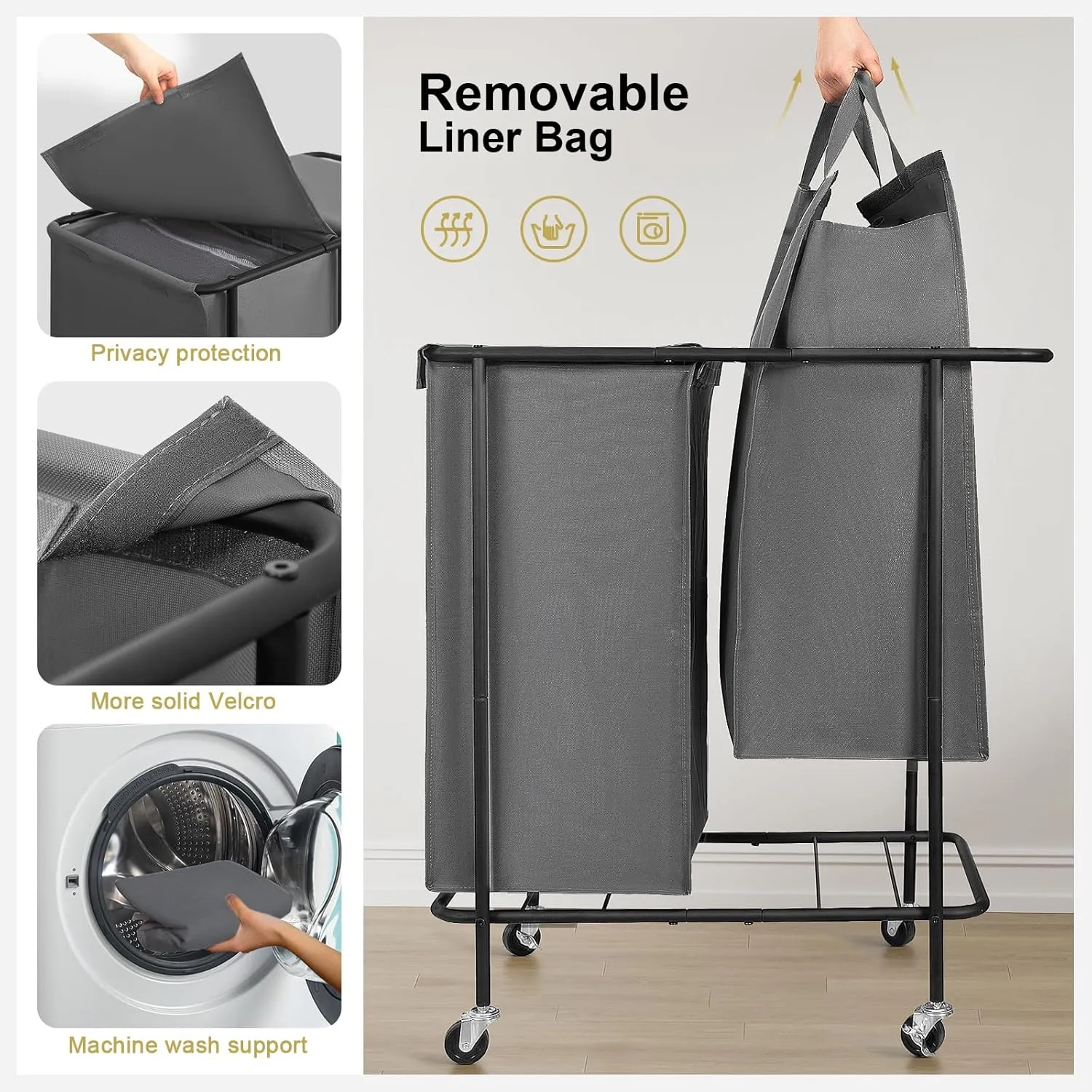 Chrislley Double Laundry Hamper with Wheels,200L Rolling Laundry Basket 2 Section with Lid,Steel Frame Laundry Cart with Handle and Removable Bags,Dirty Clothes Hamper for Laundry Room,Dorm,Grey