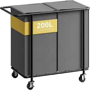 Chrislley Double Laundry Hamper with Wheels,200L Rolling Laundry Basket 2 Section with Lid,Steel Frame Laundry Cart with Handle and Removable Bags,Dirty Clothes Hamper for Laundry Room,Dorm,Grey