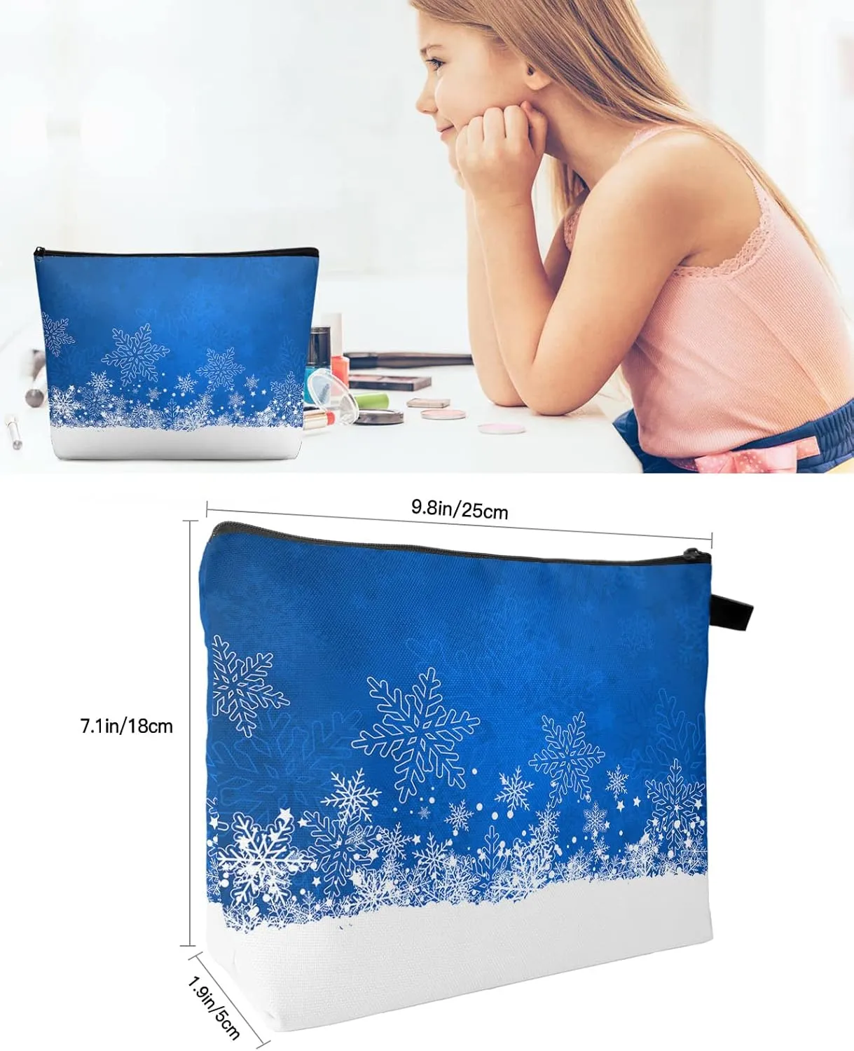 Christmas Cosmetic Bags for Women, Blue Snowflake Ombre Winter Snowfield Small Makeup Bag for Purse, Waterproof Travel Toiletry Bag Accessories Organizer, 2PCS