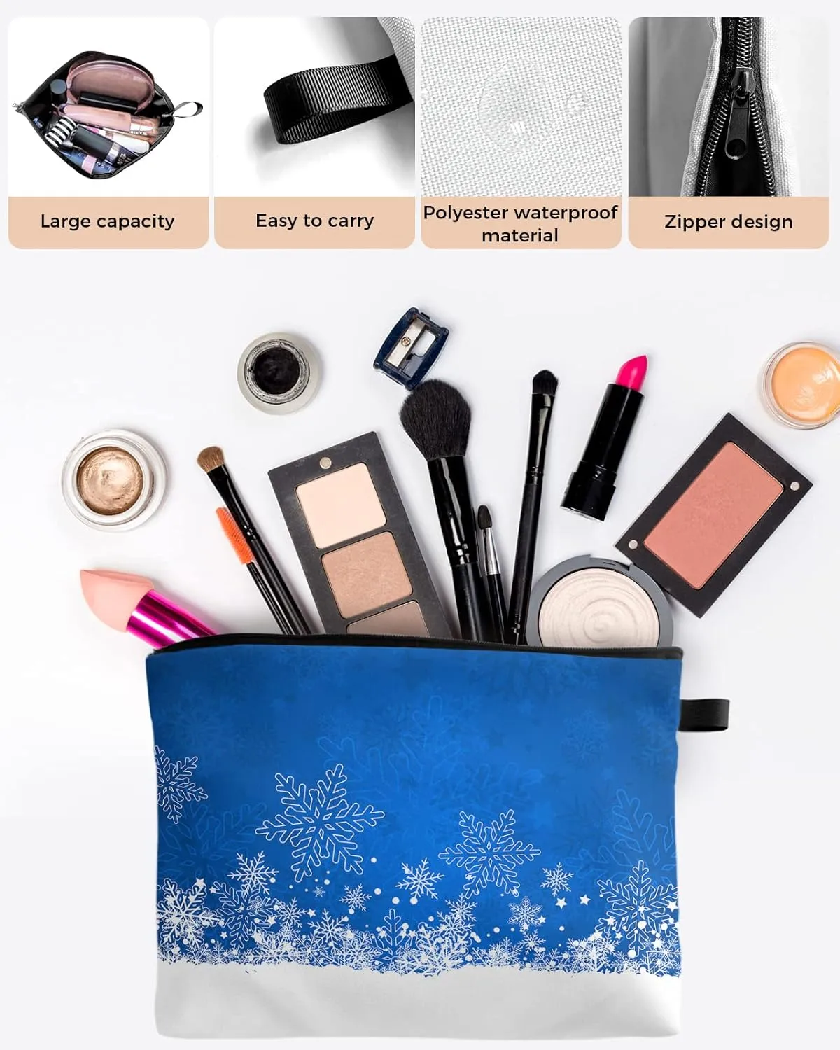Christmas Cosmetic Bags for Women, Blue Snowflake Ombre Winter Snowfield Small Makeup Bag for Purse, Waterproof Travel Toiletry Bag Accessories Organizer, 2PCS