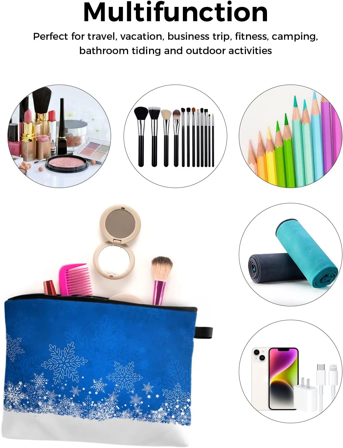 Christmas Cosmetic Bags for Women, Blue Snowflake Ombre Winter Snowfield Small Makeup Bag for Purse, Waterproof Travel Toiletry Bag Accessories Organizer, 2PCS