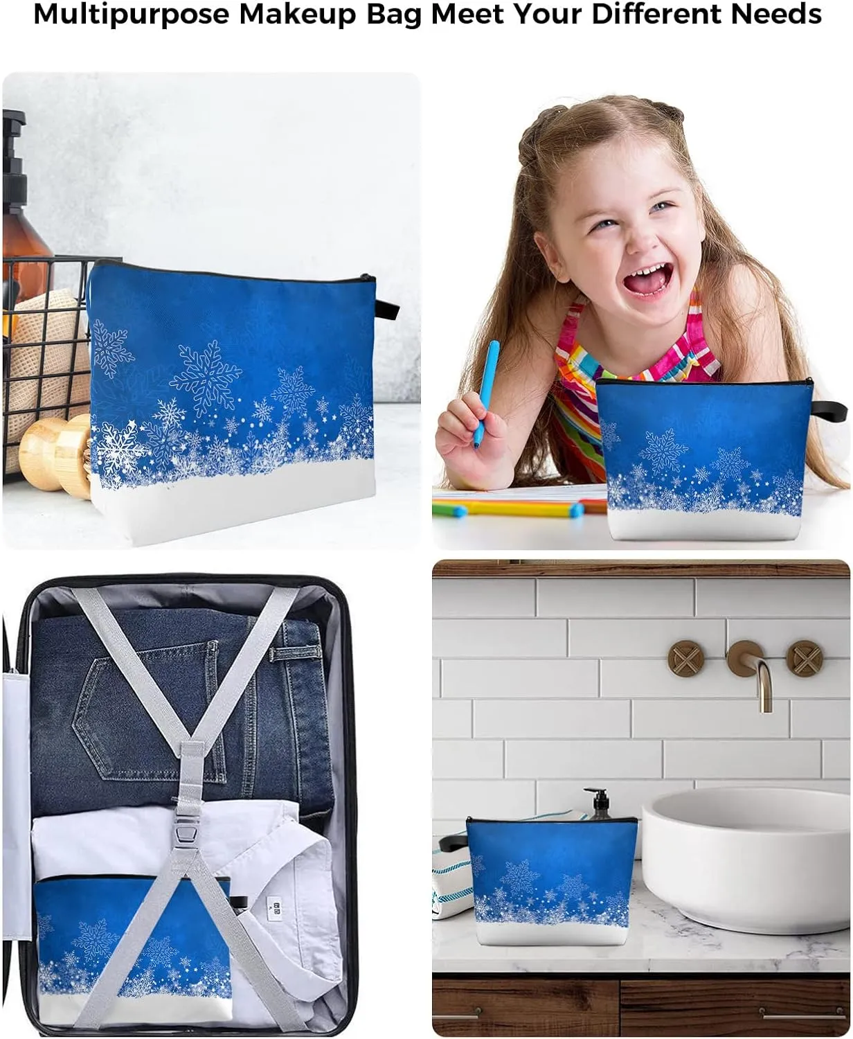 Christmas Cosmetic Bags for Women, Blue Snowflake Ombre Winter Snowfield Small Makeup Bag for Purse, Waterproof Travel Toiletry Bag Accessories Organizer, 2PCS