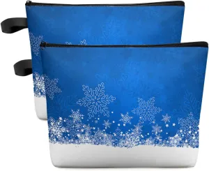 Christmas Cosmetic Bags for Women, Blue Snowflake Ombre Winter Snowfield Small Makeup Bag for Purse, Waterproof Travel Toiletry Bag Accessories Organizer, 2PCS