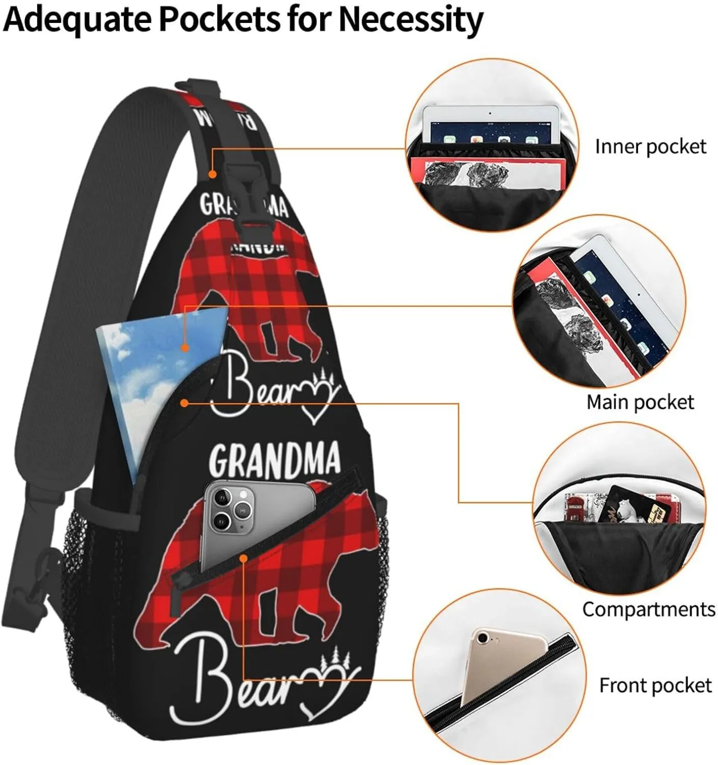 Christmas Grandma Bear Crossbody Bag Cross Chest Bag Adjustable Sling Backpack Sports Gym Shoulder Bags Travel Cycling Daypack Diagonally Casual Rucksack