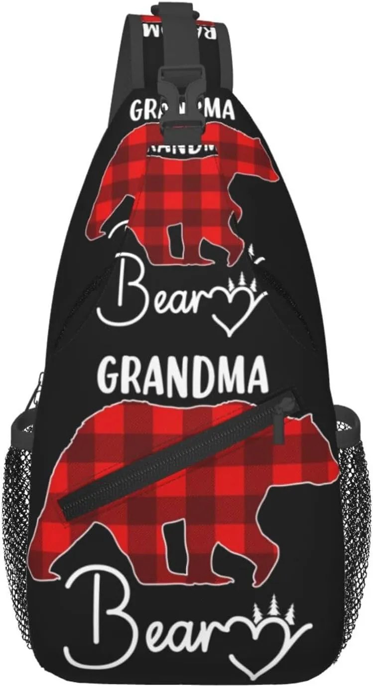 Christmas Grandma Bear Crossbody Bag Cross Chest Bag Adjustable Sling Backpack Sports Gym Shoulder Bags Travel Cycling Daypack Diagonally Casual Rucksack