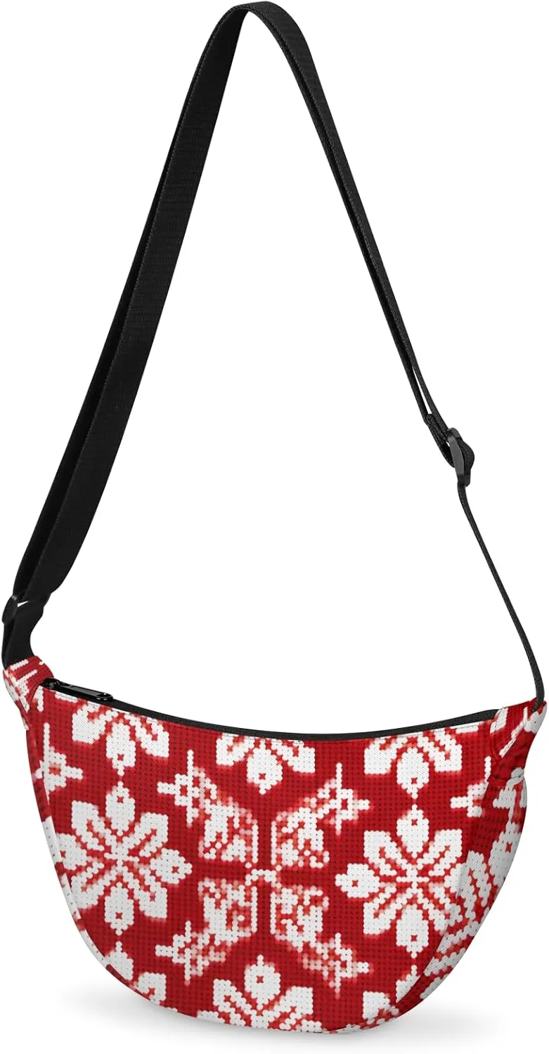 Christmas Snowflake Crescent Crossbody Bag Fashion Waist Packs Red Ethnic Pattern Fanny Pack Lightweight Sling Bags Hobo Bag with Adjustable Strap for Women Men