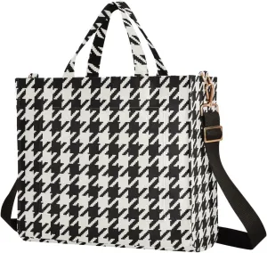 Classic Houndstooth Tote Bag for Women Corduroy Shoulder Bag Tote Handbag Travel Crossbody Bag for Vacation Beach Trip