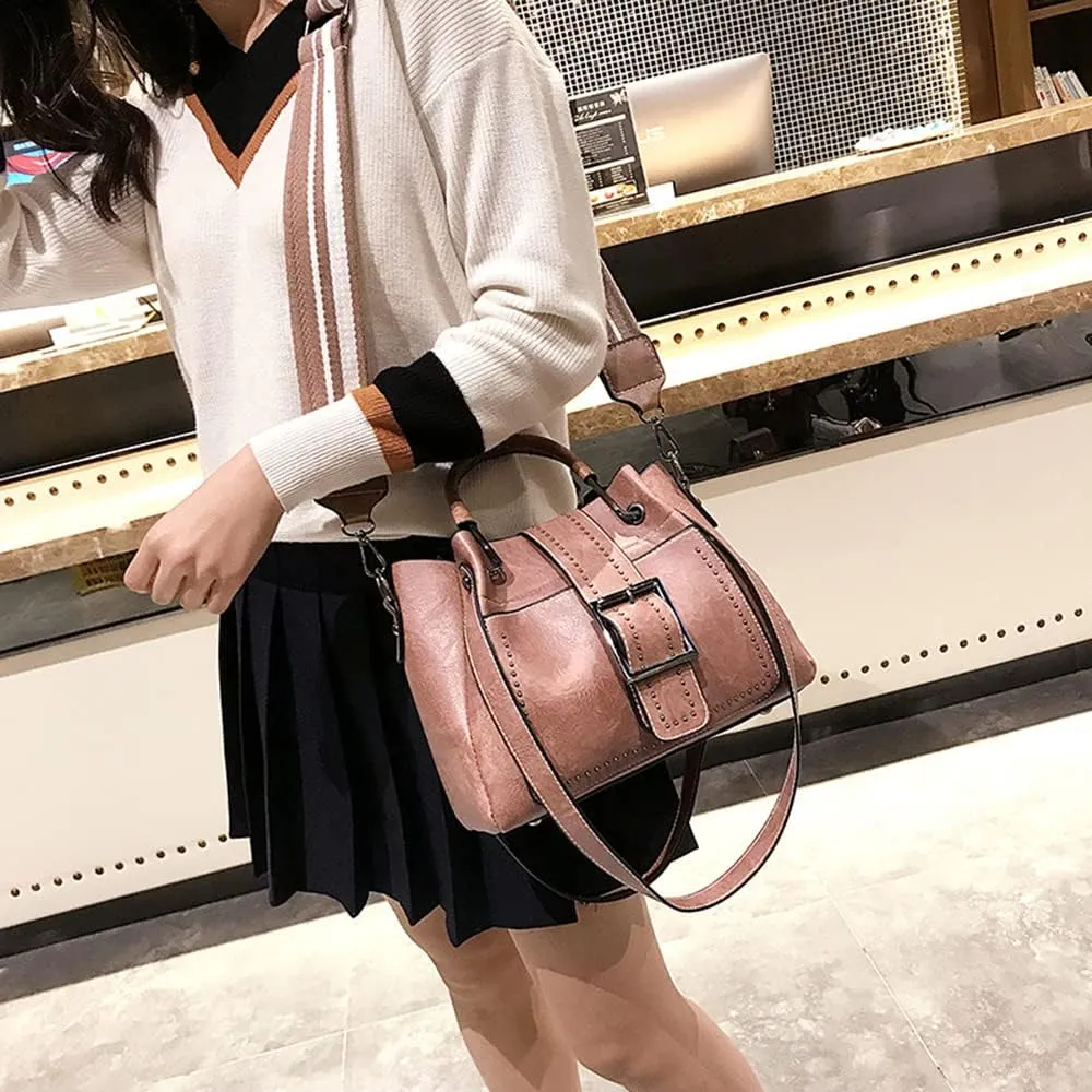 Classic Retro Top Handle Satchel Handbag for Women - Big Capacity Rivet Crossbody Bucket Bag (Black)